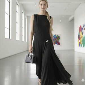 BNWT MASSIMO DUTTI Midi Dress With Brooch Detail in Black